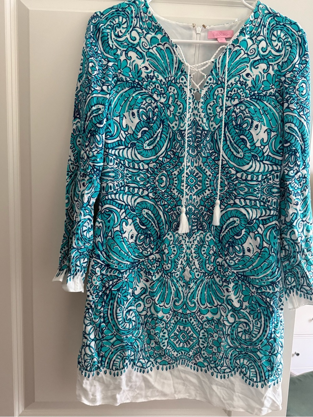 Lilly Pulitzer Teal and White Lace-Up Print Tunic
